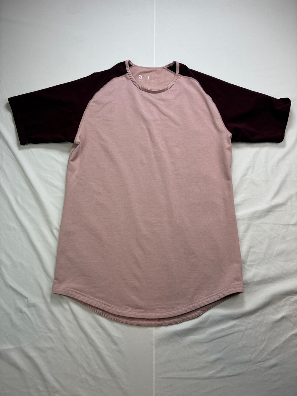 BYLT Basics Drop Cut Short Sleeve Two-Tone Tee in Mauve and Burgundy